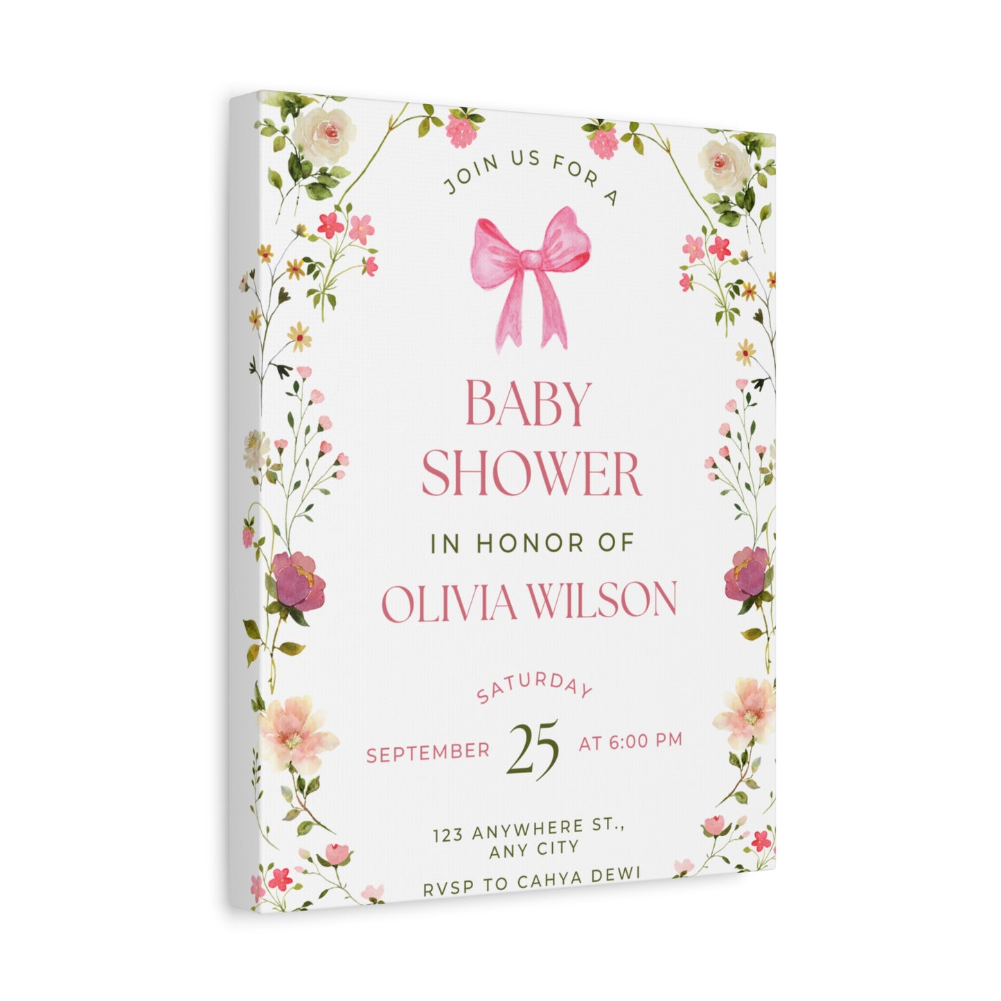 Personalized Baby Shower Canvas Print with Floral Design