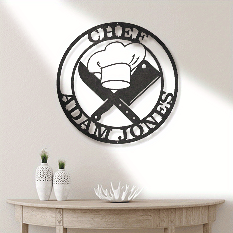Customized Metal Chef Sign, Contemporary Wall Art, Personalized Kitchen Decor, Chef Hat & Knife Design, Multi-Purpose Home Decor, No Power Required, Wall-Mounted