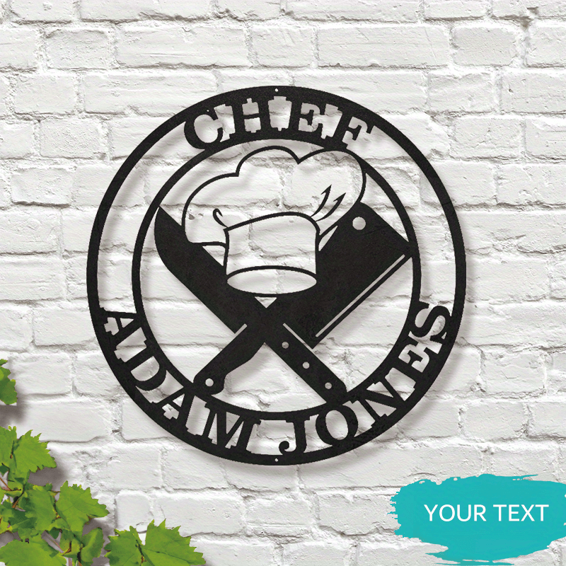 Customized Metal Chef Sign, Contemporary Wall Art, Personalized Kitchen Decor, Chef Hat & Knife Design, Multi-Purpose Home Decor, No Power Required, Wall-Mounted