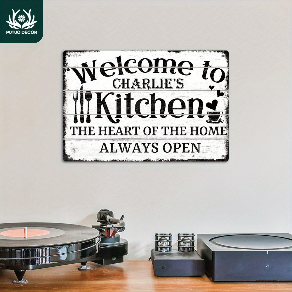 Customizable Metal Tin Sign by Putuo Decor - Wall Hanging Personalized Kitchen Decor Plaque, Multipurpose Home Farmhouse Art, "Welcome to Charlie's Kitchen - The Heart of The Home, Always Open"