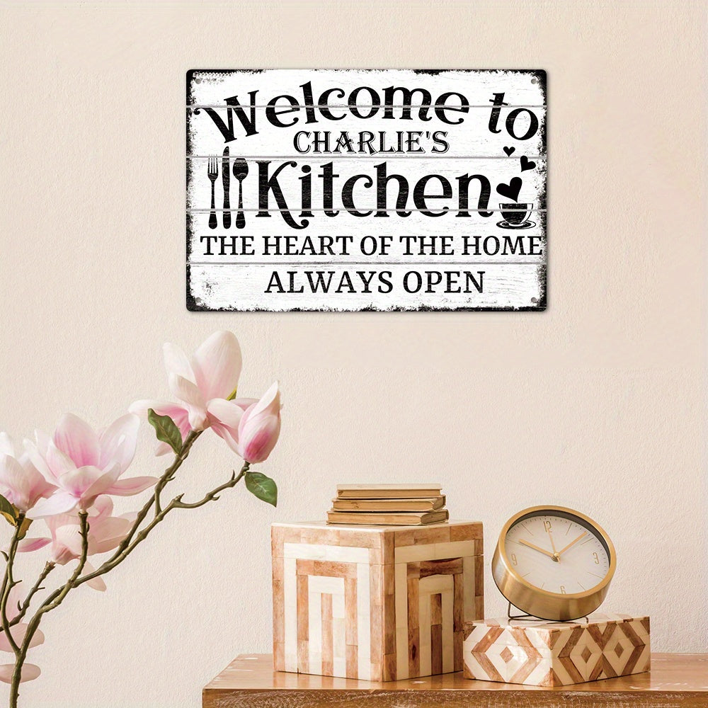Customizable Metal Tin Sign by Putuo Decor - Wall Hanging Personalized Kitchen Decor Plaque, Multipurpose Home Farmhouse Art, "Welcome to Charlie's Kitchen - The Heart of The Home, Always Open"