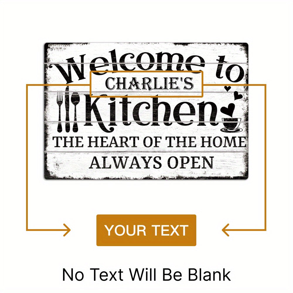 Customizable Metal Tin Sign by Putuo Decor - Wall Hanging Personalized Kitchen Decor Plaque, Multipurpose Home Farmhouse Art, "Welcome to Charlie's Kitchen - The Heart of The Home, Always Open"