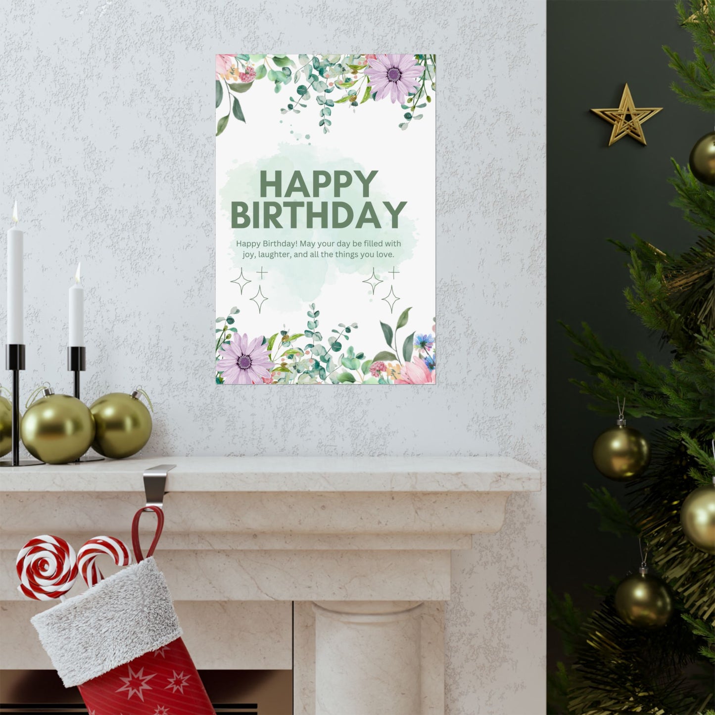 Floral Happy Birthday Poster - Matte Vertical Wall Art