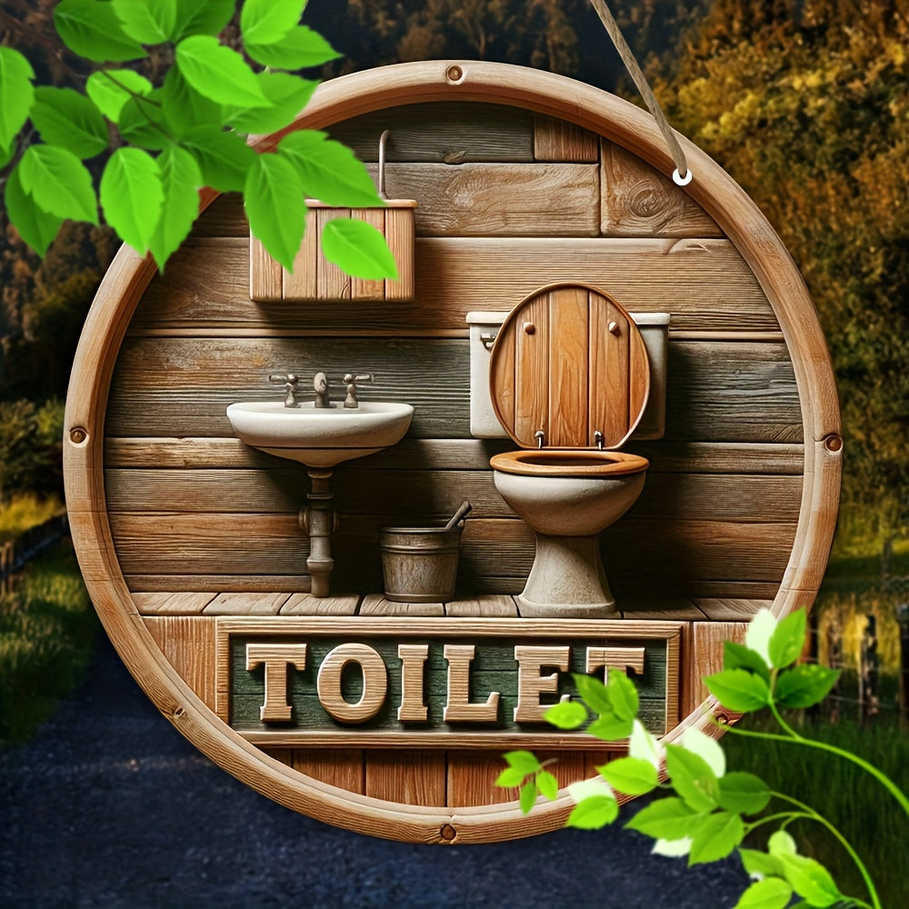 Rustic Wooden Toilet Sign – 8-Inch Round Wall Hanging Décor with English Design