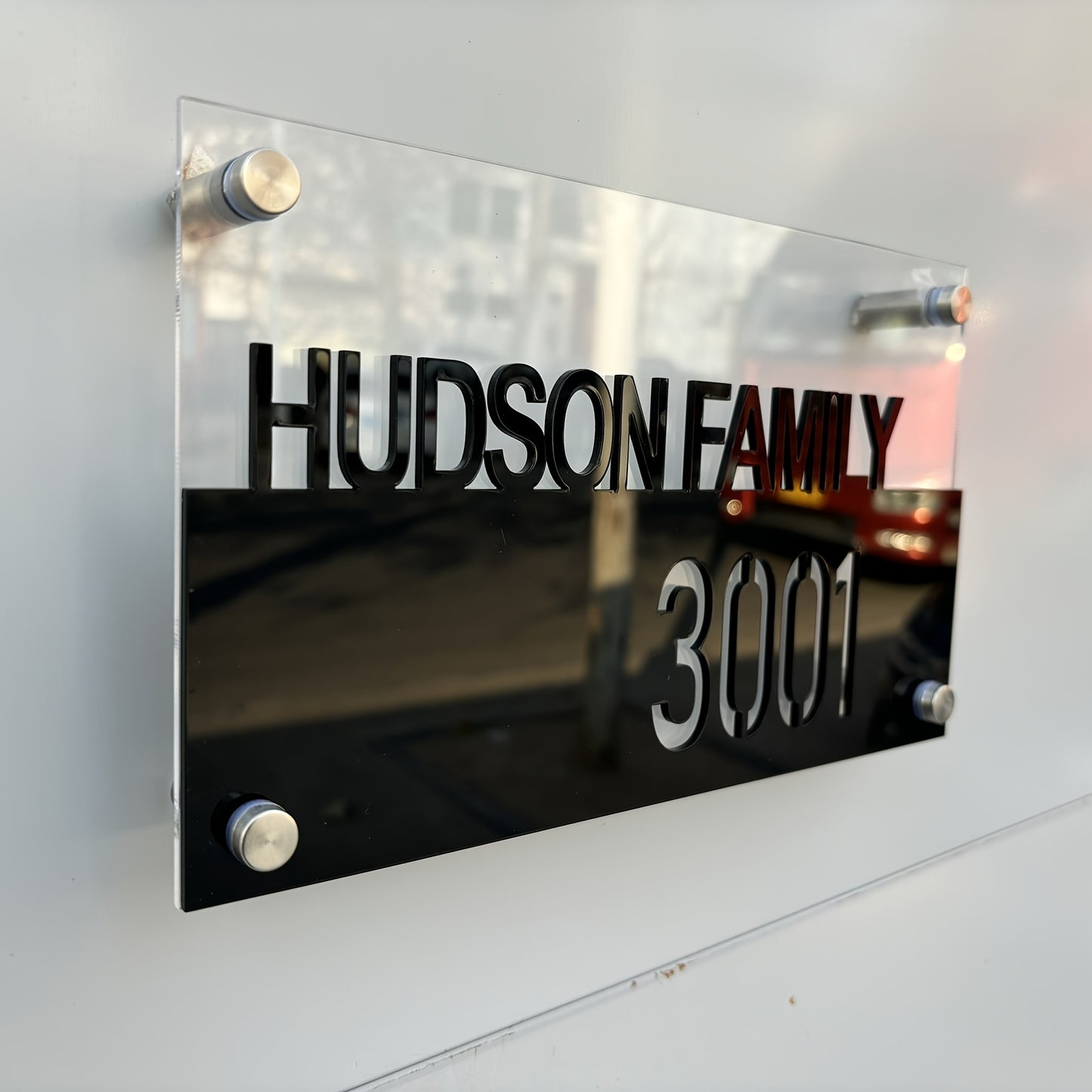 Personalized Double-Layer 3D Address Sign, Engraved Hollow-Out Effect, Stainless Steel Wall Mount for Home & Business, No Electricity Required, Hudson Family 3001