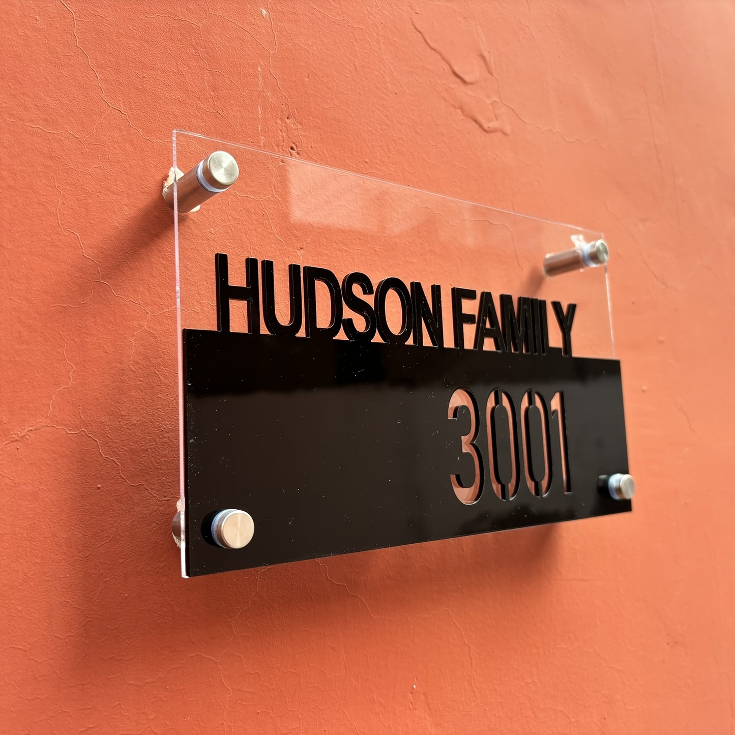 Personalized Double-Layer 3D Address Sign, Engraved Hollow-Out Effect, Stainless Steel Wall Mount for Home & Business, No Electricity Required, Hudson Family 3001