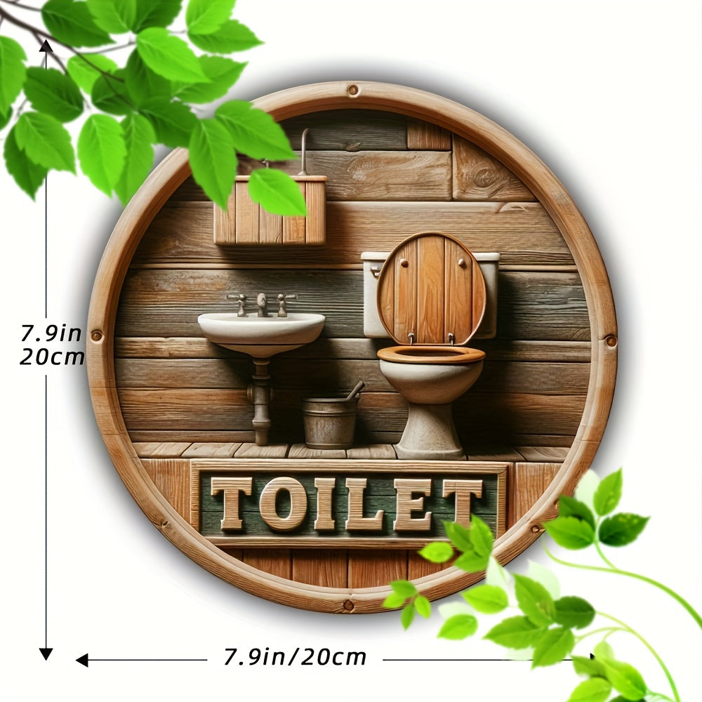 Rustic Wooden Toilet Sign – 8-Inch Round Wall Hanging Décor with English Design