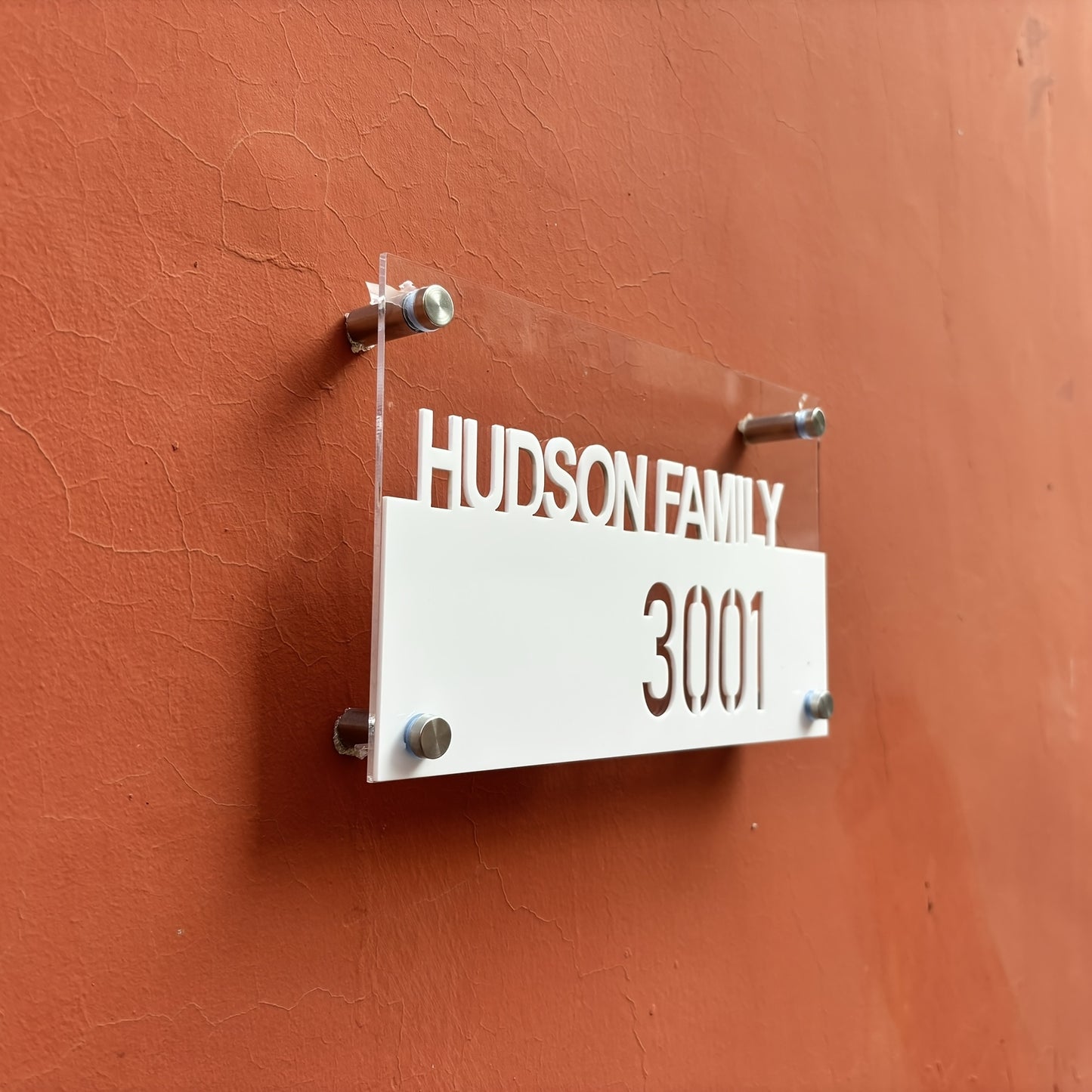 Personalized Double-Layer 3D Address Sign, Engraved Hollow-Out Effect, Stainless Steel Wall Mount for Home & Business, No Electricity Required, Hudson Family 3001