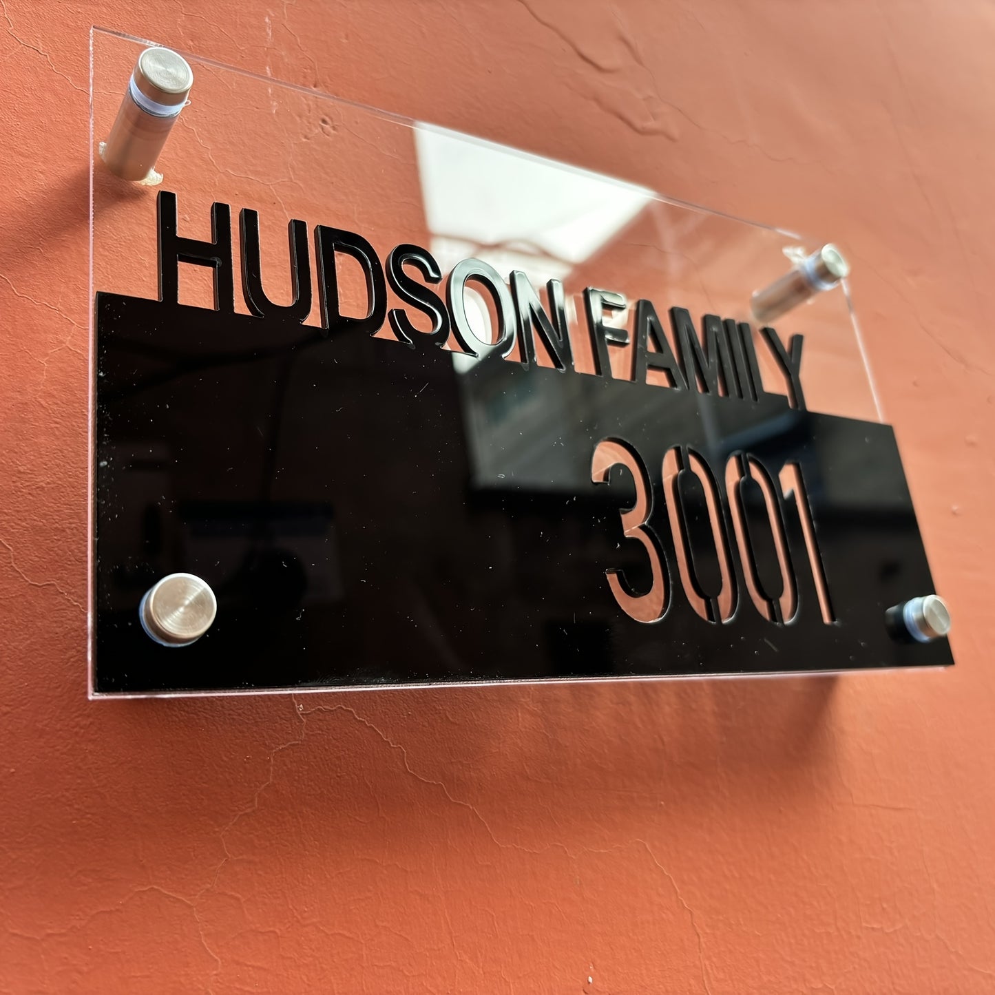 Personalized Double-Layer 3D Address Sign, Engraved Hollow-Out Effect, Stainless Steel Wall Mount for Home & Business, No Electricity Required, Hudson Family 3001