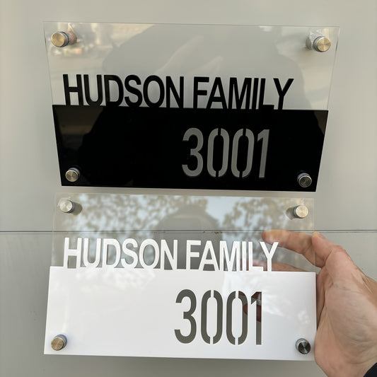 Personalized Double-Layer 3D Address Sign, Engraved Hollow-Out Effect, Stainless Steel Wall Mount for Home & Business, No Electricity Required, Hudson Family 3001