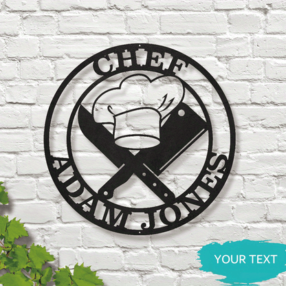Customized Metal Chef Sign, Contemporary Wall Art, Personalized Kitchen Decor, Chef Hat & Knife Design, Multi-Purpose Home Decor, No Power Required, Wall-Mounted