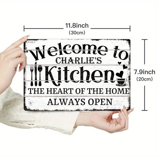 Customizable Metal Tin Sign by Putuo Decor - Wall Hanging Personalized Kitchen Decor Plaque, Multipurpose Home Farmhouse Art, "Welcome to Charlie's Kitchen - The Heart of The Home, Always Open"