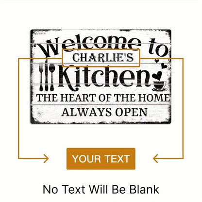 Customizable Metal Tin Sign by Putuo Decor - Wall Hanging Personalized Kitchen Decor Plaque, Multipurpose Home Farmhouse Art, "Welcome to Charlie's Kitchen - The Heart of The Home, Always Open"
