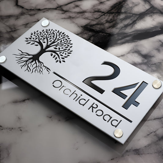 Customized Acrylic Door Sign - Personalized Address And Name Plate, Life Tree Street Number Plate, Black White Golden Silvery Optional, With 3D Letters, Suitable For Home And Office, Easy To Install, Perfect Home Entrance Dec