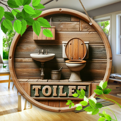 Rustic Wooden Toilet Sign – 8-Inch Round Wall Hanging Décor with English Design