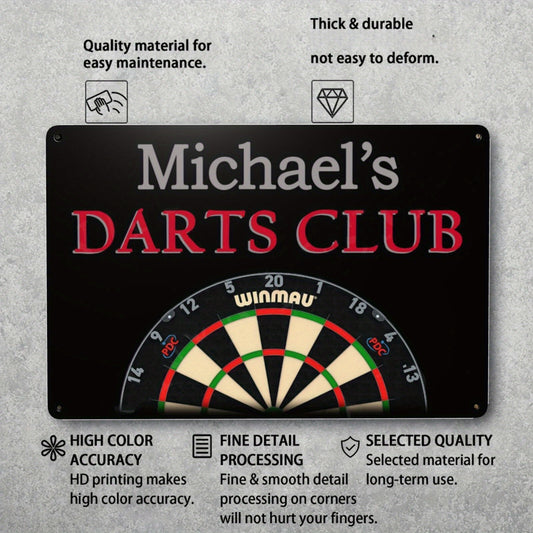 Customizable Metal Darts Club Sign, 8x12inch (20x30cm), Personalized Home Bar Pub Man Cave Shed Garage Art, 1pc with Name or Text, Easy Installation, Safe Design, Round Corner, 4 Pin Holes for Direct Hanging
