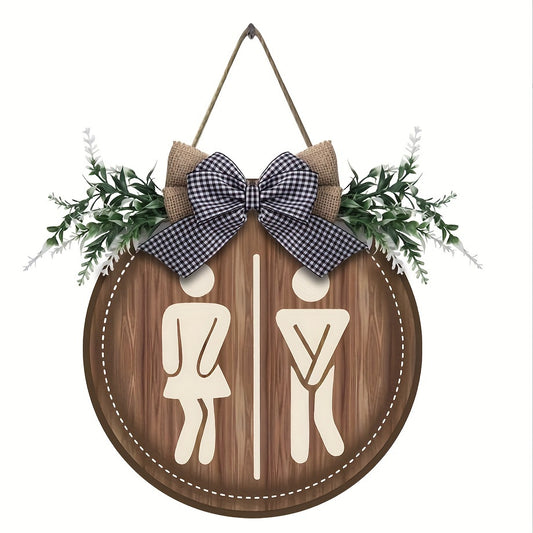 "Rustic Charm: Classic Farmhouse Restroom Sign with Plant Wreath"