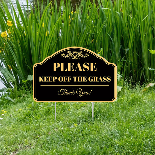 2-Pack Decorative "Please Keep Off The Grass" Signs – Classic Black &amp; Golden Plastic Plaques for Yards &amp; Events