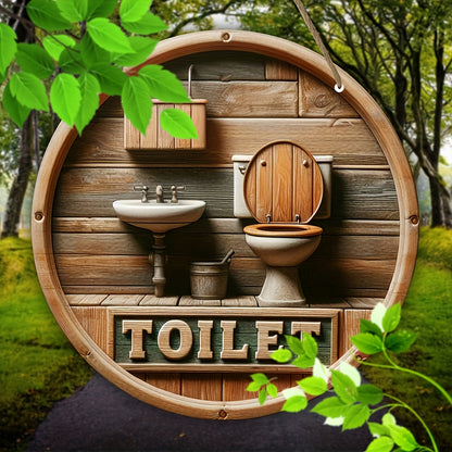 Rustic Wooden Toilet Sign – 8-Inch Round Wall Hanging Décor with English Design