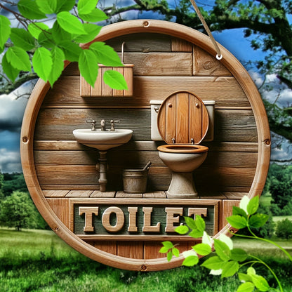 Rustic Wooden Toilet Sign – 8-Inch Round Wall Hanging Décor with English Design