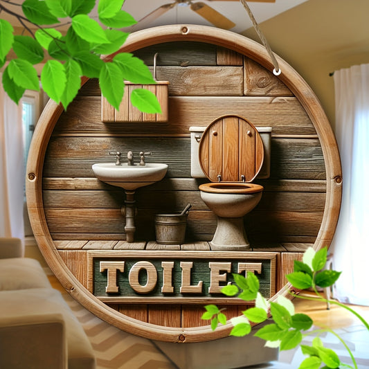 Rustic Wooden Toilet Sign – 8-Inch Round Wall Hanging Décor with English Design