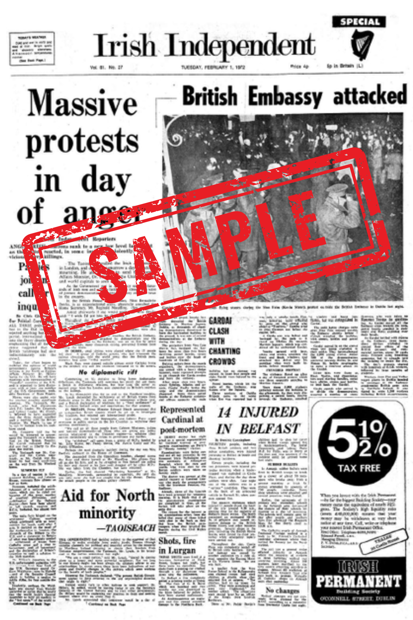 Irish Paper Headlines from the Day You Were Born,Anniversary or Special Date  – A Unique Gift on Canvas!